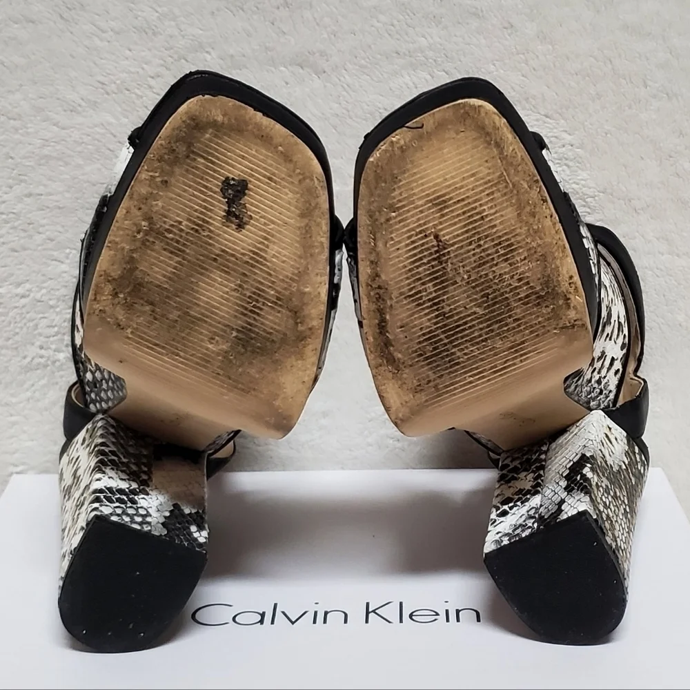 CALVIN Klein Vallin Black White Snakeskin Laser Strap Platform Block Heel Sandal